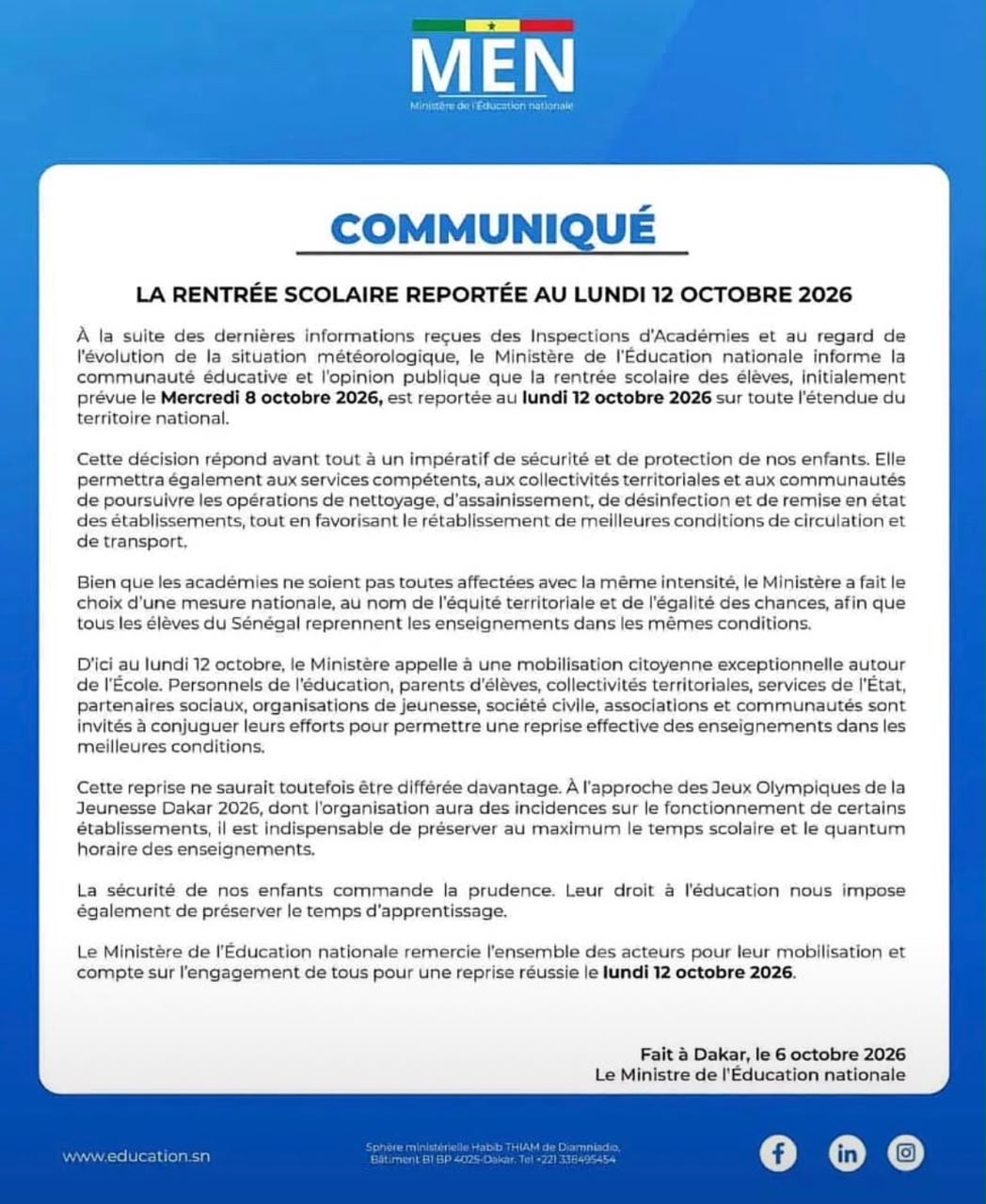 RENTRÉE SCOLAIRE : LE MINISTÈRE DIT STOP ET REPORTE LA REPRISE AU 12 OCTOBRE
